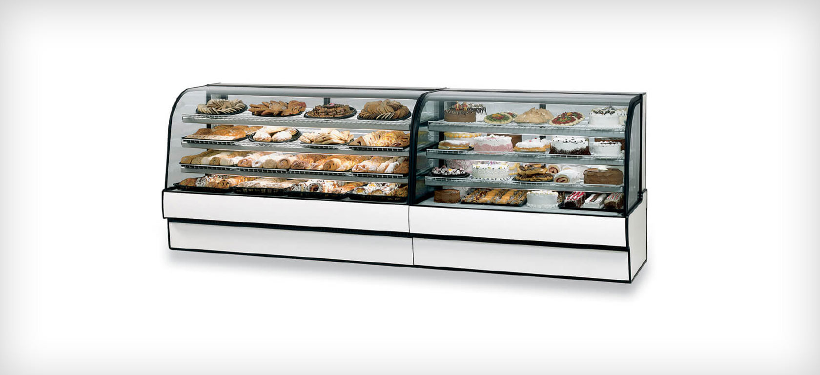 Curved glass refrigerated bakery and deli lineup