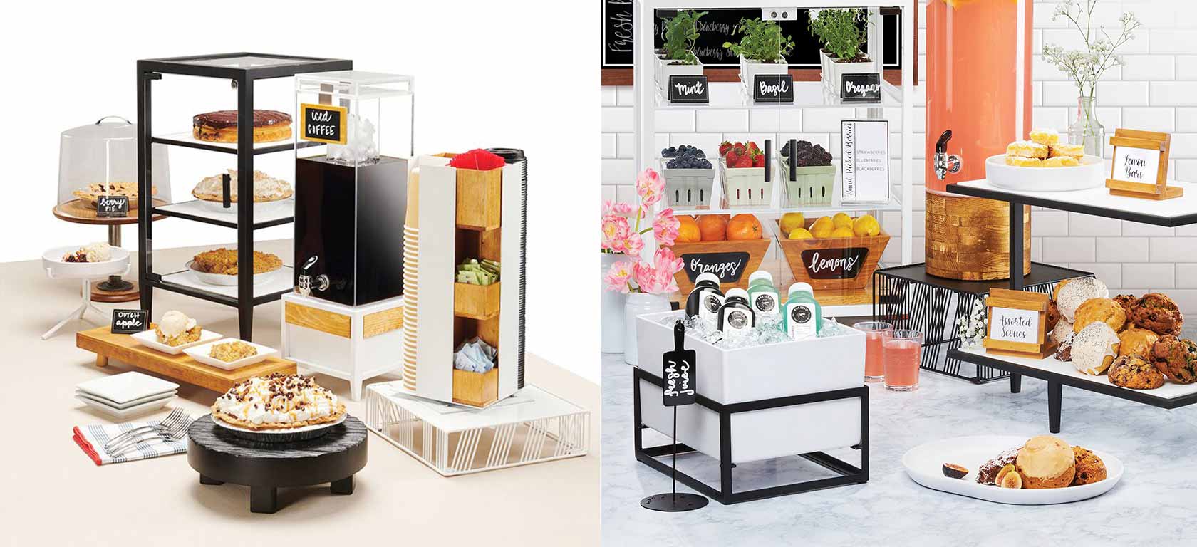 On the left a coffee and warm beverage display on white metal risers; on the right, a bakery and pastry display on black metal risers.