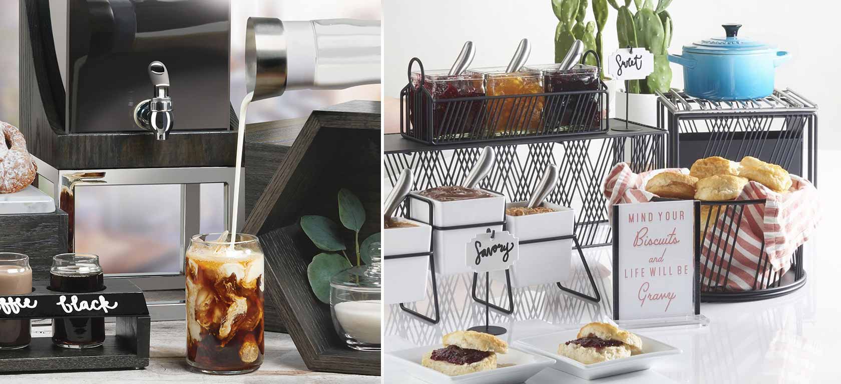 On the left, an upscale chrome-finish coffee bar display; on the right, breakfast pastry assortments on black metal risers.