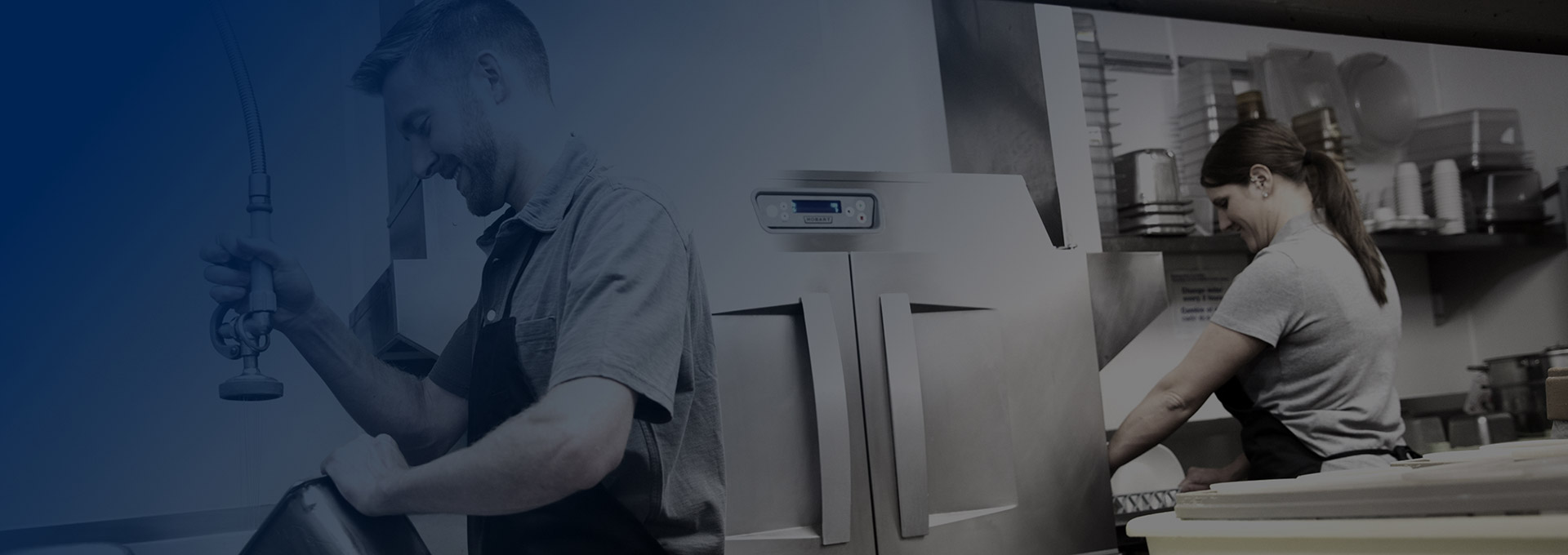 Blue gradient over smiling kitchen workers washing dishes.